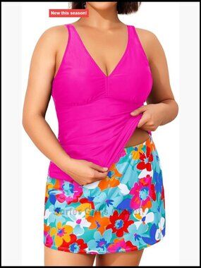 Plus Size Tummy Control Tankini with Skirt Two Piece Bathing Suit V Neck